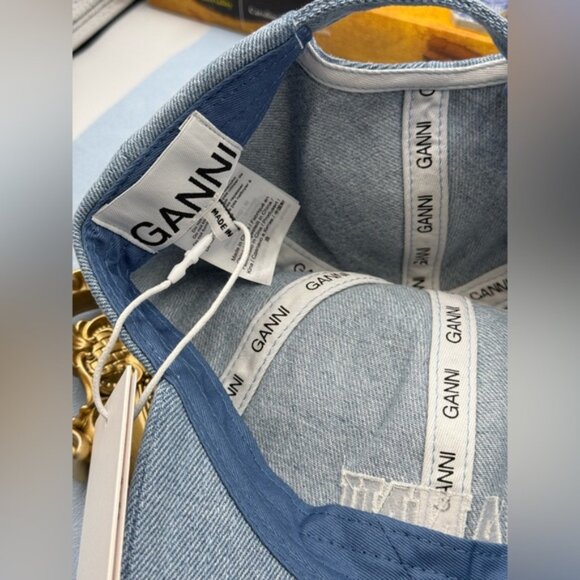 🆕 GANNI 🧿 NWT White Logo Embroidered Blue Denim Baseball Cap, Woman's Hat - Picture 12 of 14